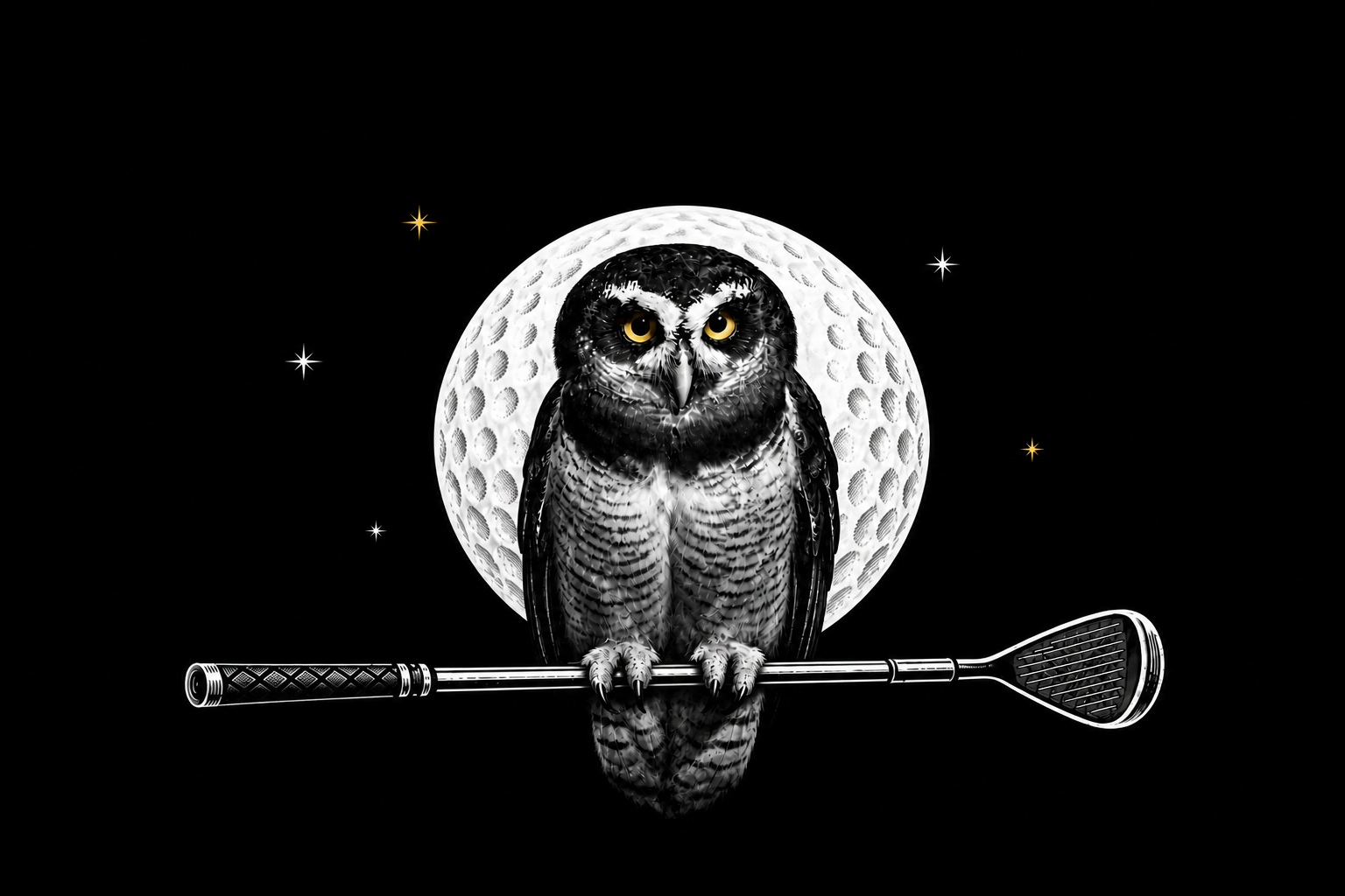 Black-and-white owl with gold eyes perched on a golf club in front of a golf-ball moon