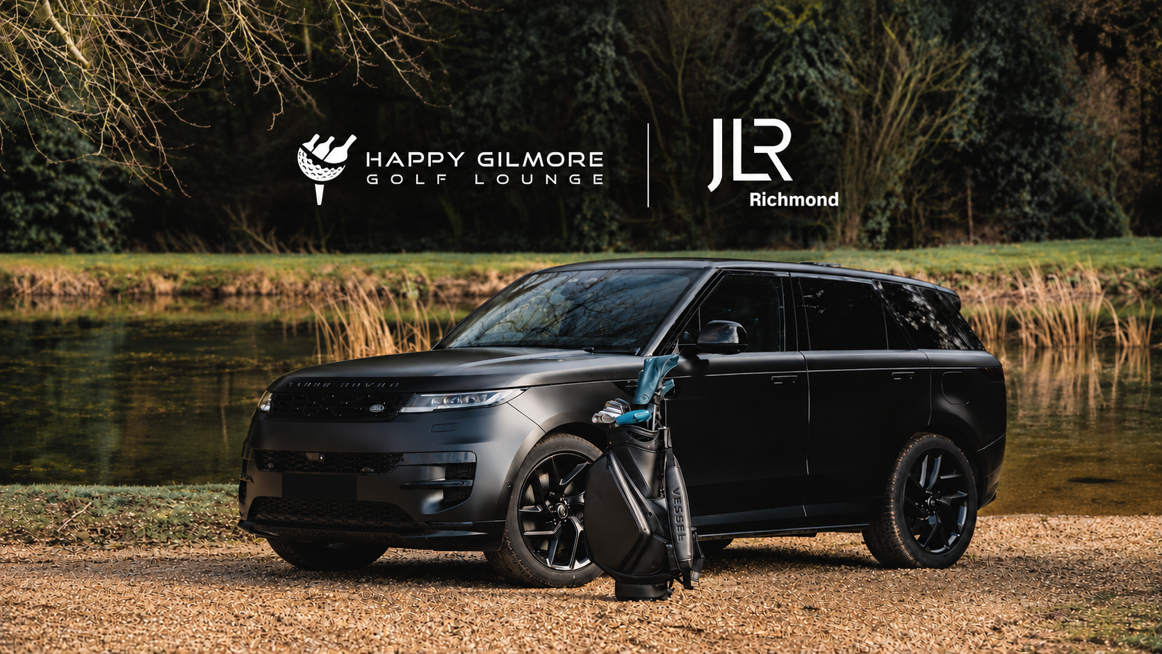 Happy Gilmore Golf Lounge and Jaguar Land Rover Richmond beside a Range Rover and golf bag