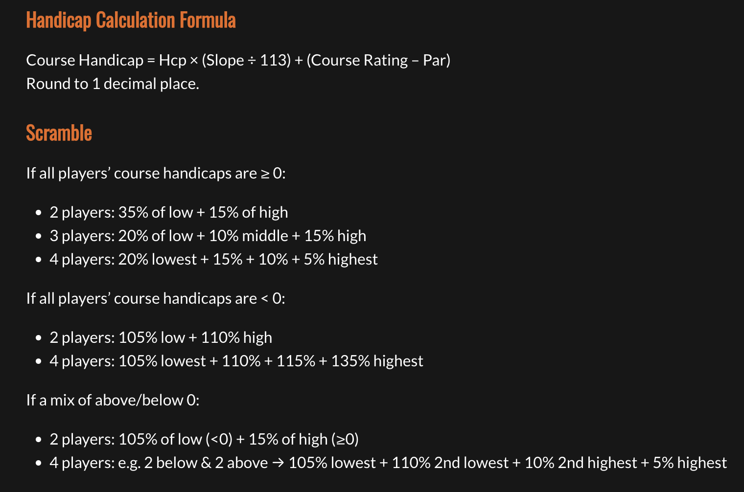 TrackMan course handicap calculation and scramble formulas for positive, negative, and mixed course handicaps